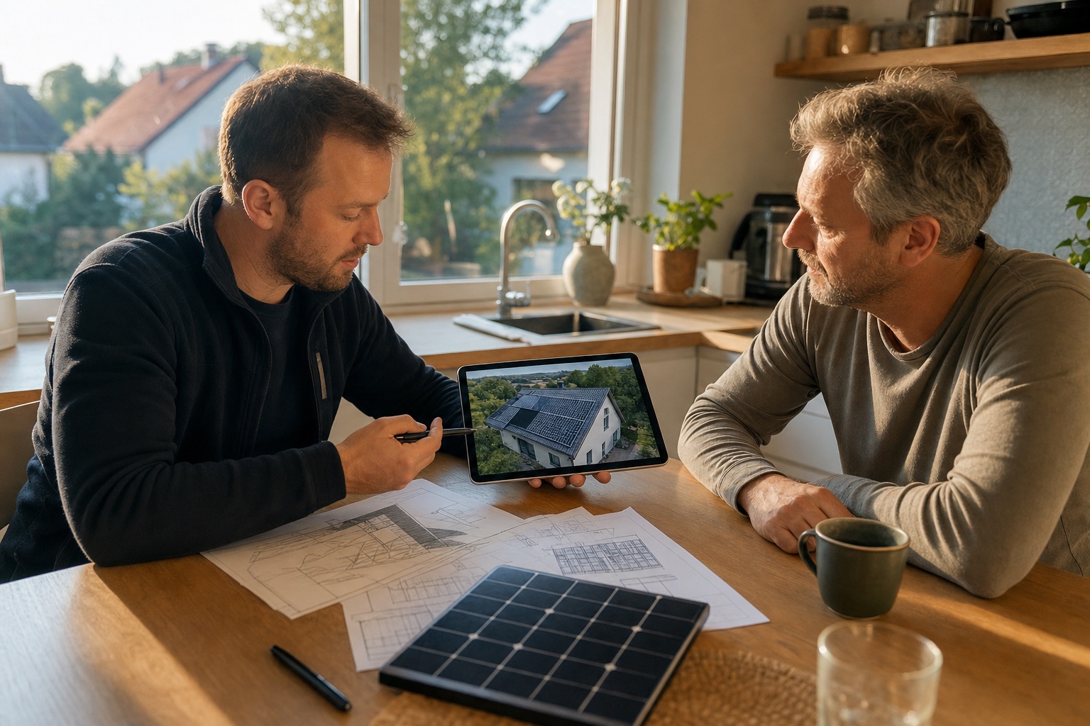 Konzultant u kuchyňského stolu ukazuje majiteli domu na tabletu návrh rozmístění fotovoltaických panelů, na stole výkresy střechy a vzorek panelu.