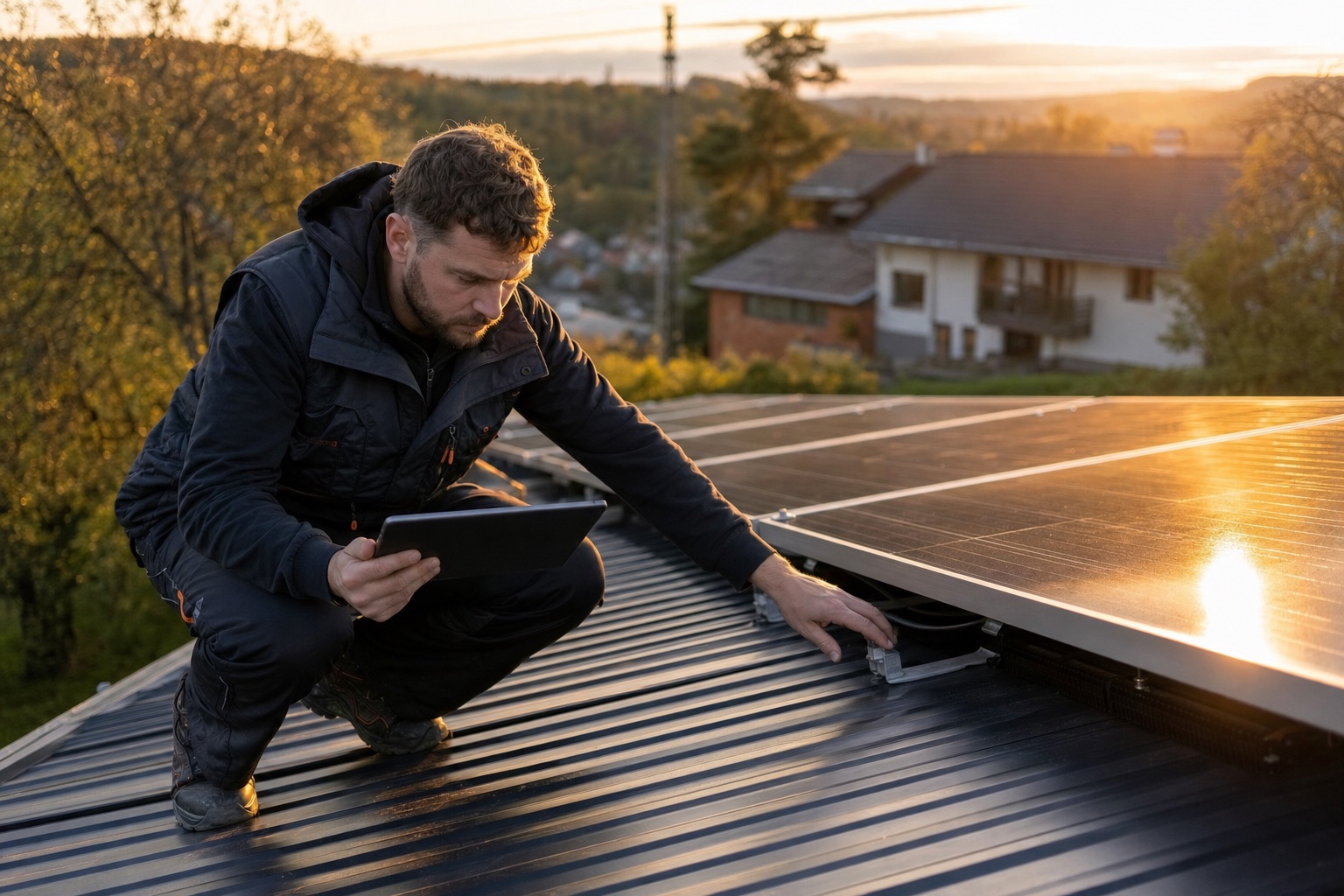 Technik s tabletem v podřepu u hotové řady solárních panelů při západu slunce kontroluje uchycení a zapojení instalace.